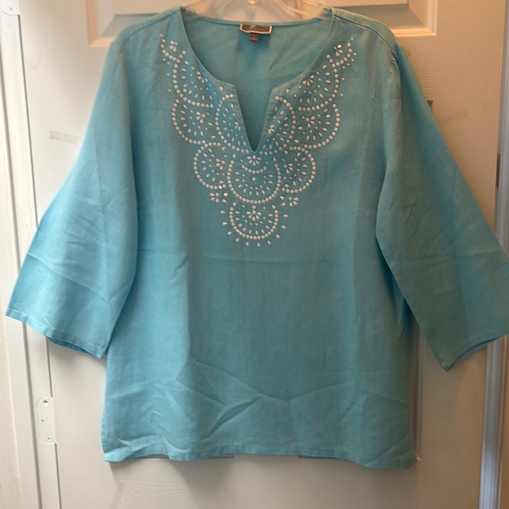 Embroidered Blue Linen JM Collection Tunic
